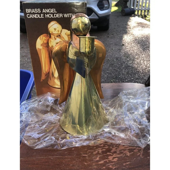 Vintage Mid Century Brass Copper Angel Candle Holder  Hong Kong 9" NOS Box - Picture 1 of 4